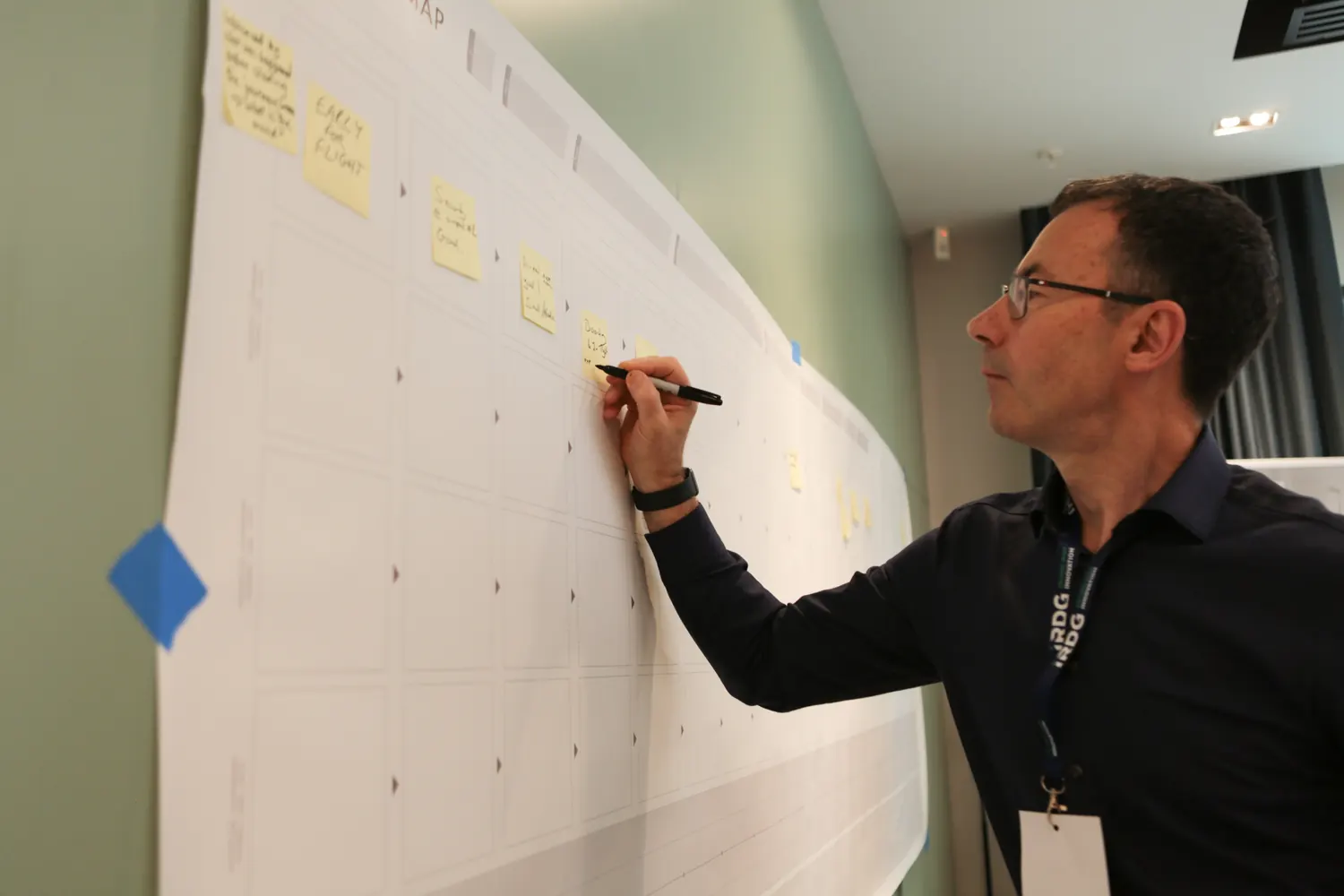 A participant mapping a process across a large printed grid on the wall during an IRDG session.